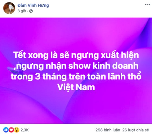 Đàm Vĩnh Hưng thông báo ngừng xuất hiện toàn Việt Nam